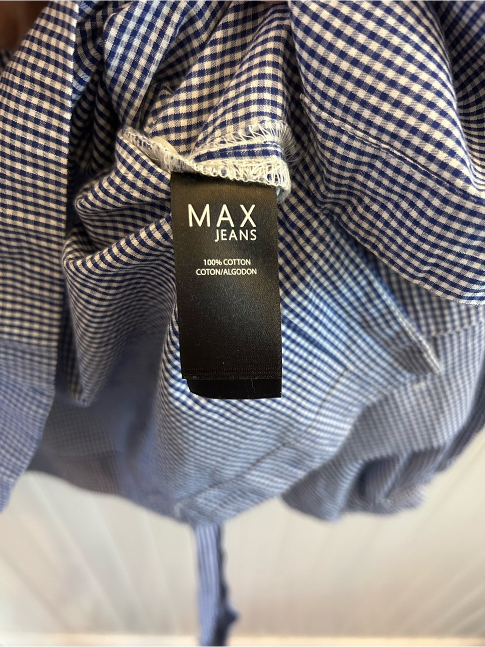Max Jeans Blue Gingham Tie-Waist Boatneck Blouse 100% Cotton - Picture 6 of 7